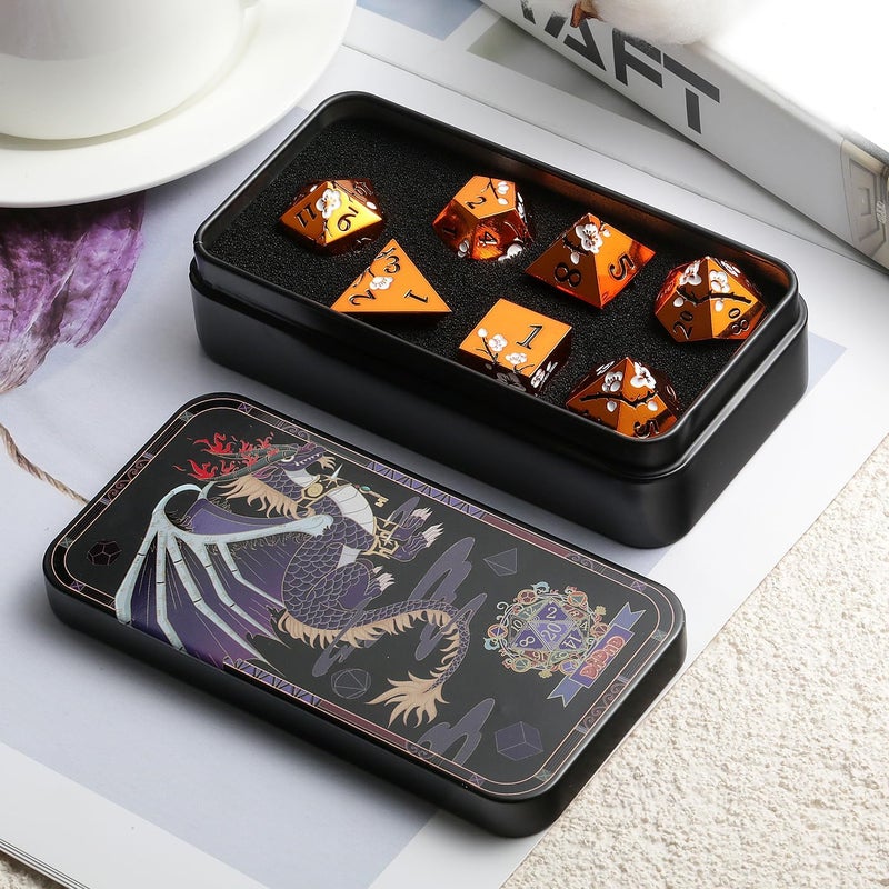 DNDND Orange Metal Dice D&D, 7 PCS Heavy Metallic DND Dice Set with Gorgeous Gift Case for Dungeons and Dragon Tabletop Game (Orange with White Flowers) - Image 5