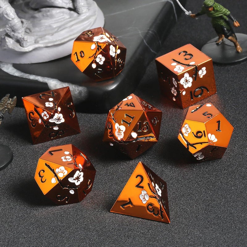 DNDND Orange Metal Dice D&D, 7 PCS Heavy Metallic DND Dice Set with Gorgeous Gift Case for Dungeons and Dragon Tabletop Game (Orange with White Flowers) - Image 4