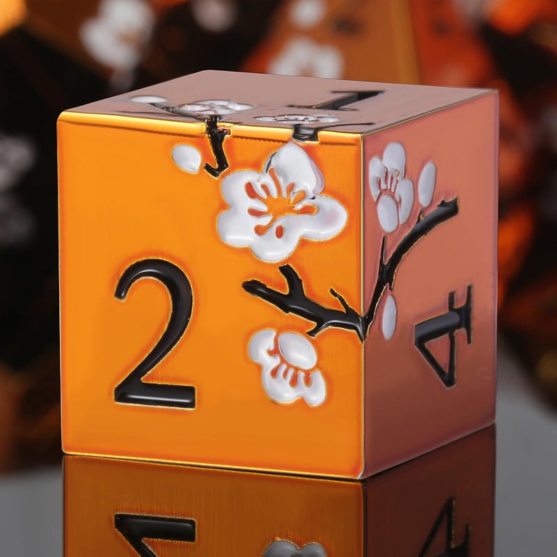 DNDND Orange Metal Dice D&D, 7 PCS Heavy Metallic DND Dice Set with Gorgeous Gift Case for Dungeons and Dragon Tabletop Game (Orange with White Flowers) - Image 1
