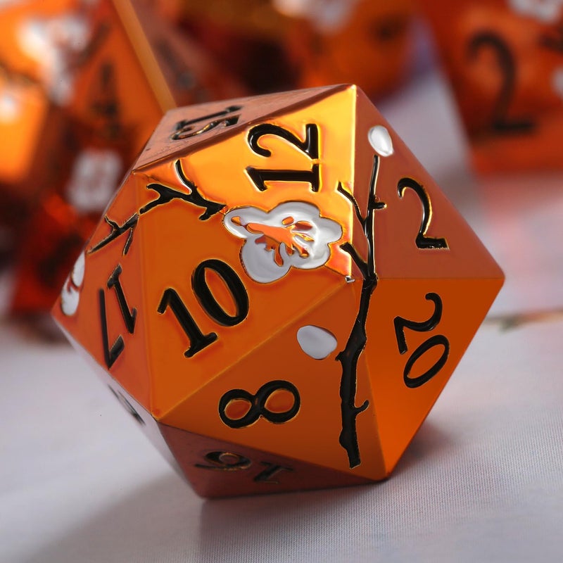 DNDND Orange Metal Dice D&D, 7 PCS Heavy Metallic DND Dice Set with Gorgeous Gift Case for Dungeons and Dragon Tabletop Game (Orange with White Flowers) - Image 2