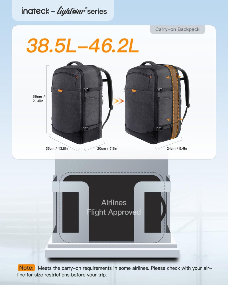 Inateck 38-46L Large Travel Carry on Laptop Backpack for Men and Women, Expandable Splash-resistant Cabin Luggage 22x14x9 Airline Approved, Compatible with 17.3 Inch Laptop, Black - Image 2