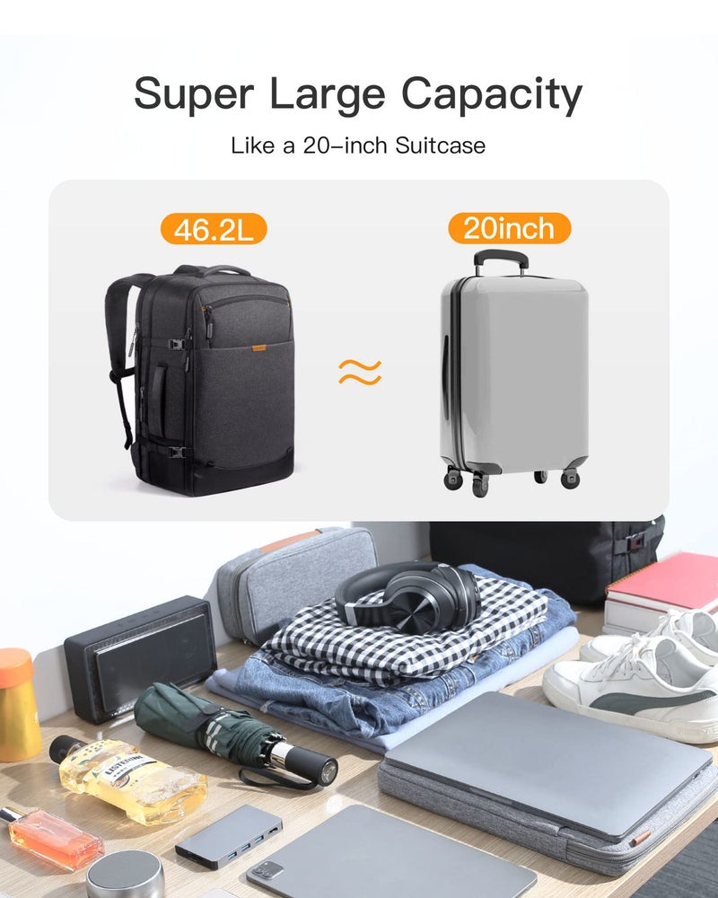 Inateck 38-46L Large Travel Carry on Laptop Backpack for Men and Women, Expandable Splash-resistant Cabin Luggage 22x14x9 Airline Approved, Compatible with 17.3 Inch Laptop, Black - Image 3