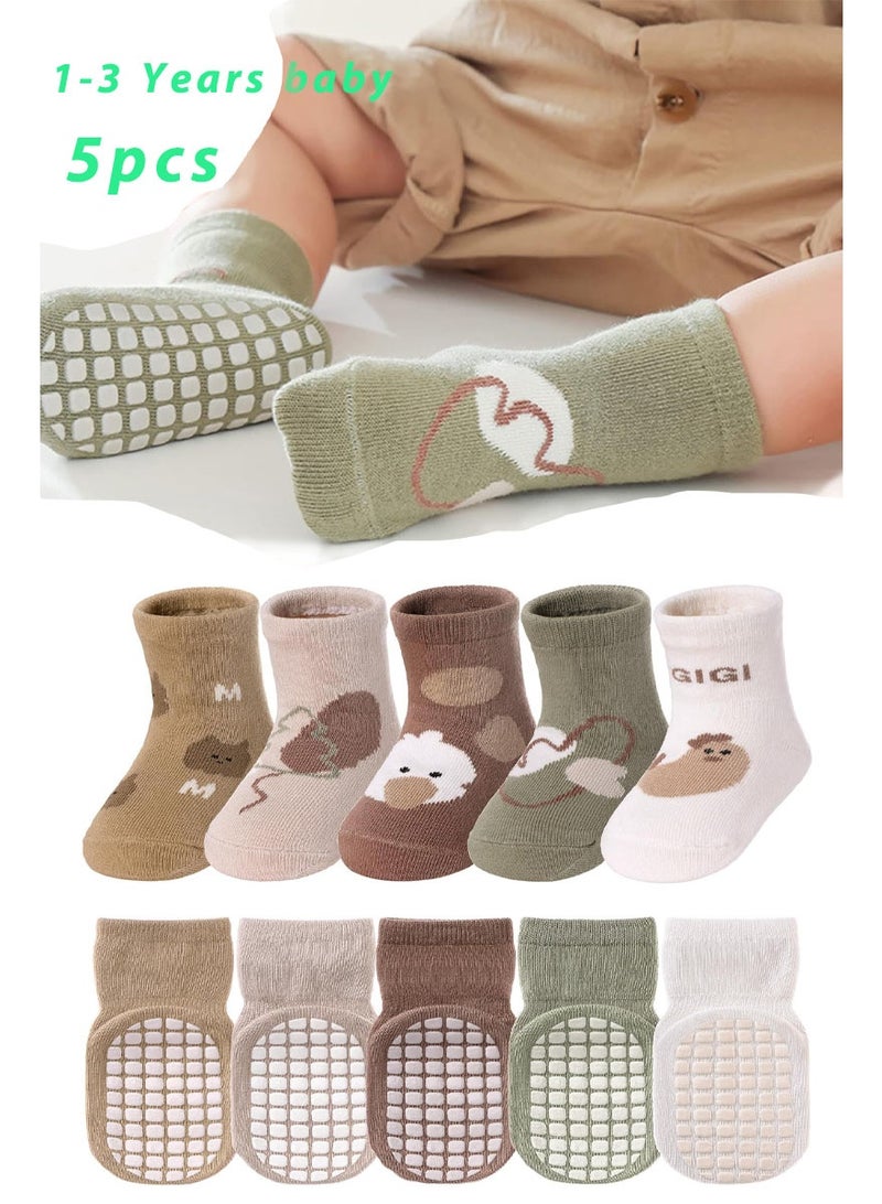 rocooart 5 Pairs Toddler Non Slip Socks, Cute Baby Socks with Grips Crew Socks for 1-3 Months, Size M - Image 1