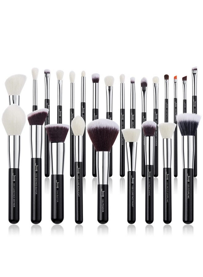 Jessup 25pcs Professional Makeup Brush Set Foundation Powder Concealer Eyeshadow Blending Blush Highlighter Natural-Synthetic Hair Brushes (Black/Silver) - Image 1