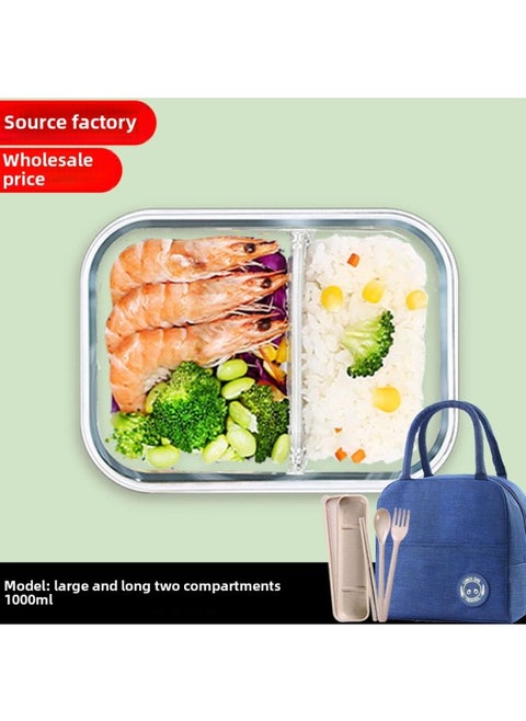 High Borosilicate Glass Fresh-keeping Bowl With Lid Microwave Oven Partition Household Bento Box Family Glass Bowl Heating Lunch Box-Specifications:Large And Long Two Separate 1000ml + Bag + Tableware-Color:Star Sea Blue