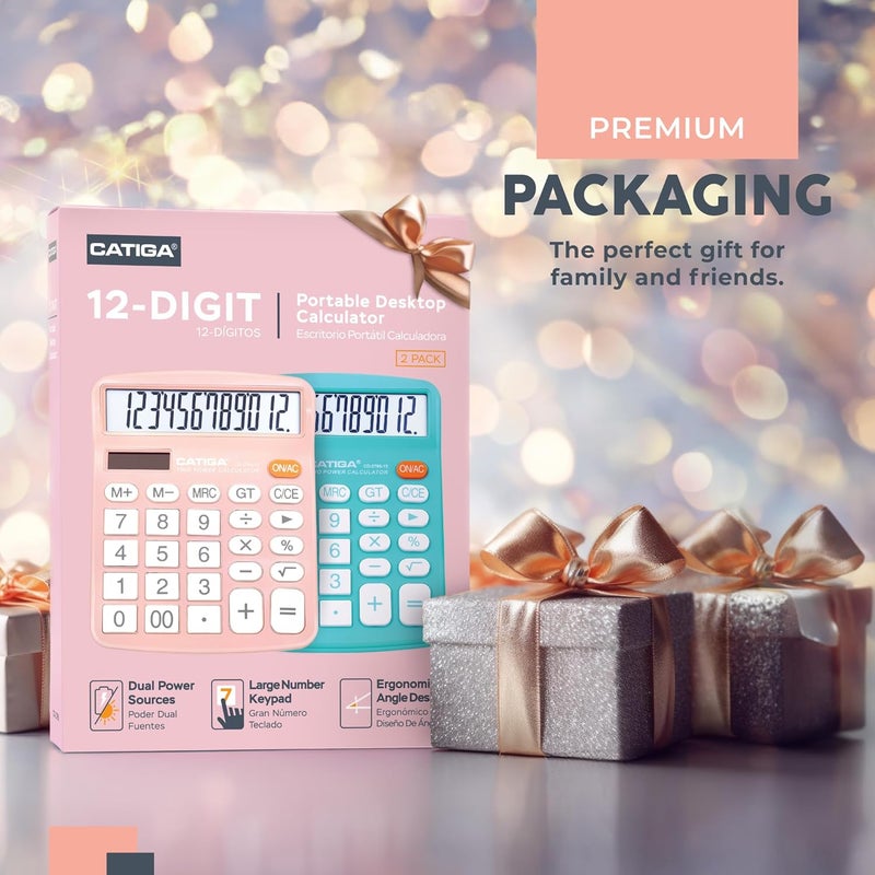 CATIGA Desktop Calculator (2 Pack) 12 Digit with Large LCD Display and Sensitive Button, Solar and Battery Dual Power, Standard Function for Office, Home, School, CD-2786 (Light Blue/Light Pink) - Image 2