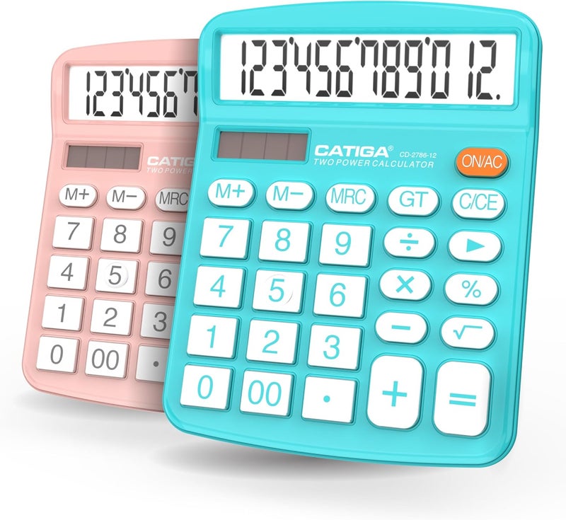 CATIGA Desktop Calculator (2 Pack) 12 Digit with Large LCD Display and Sensitive Button, Solar and Battery Dual Power, Standard Function for Office, Home, School, CD-2786 (Light Blue/Light Pink) - Image 1