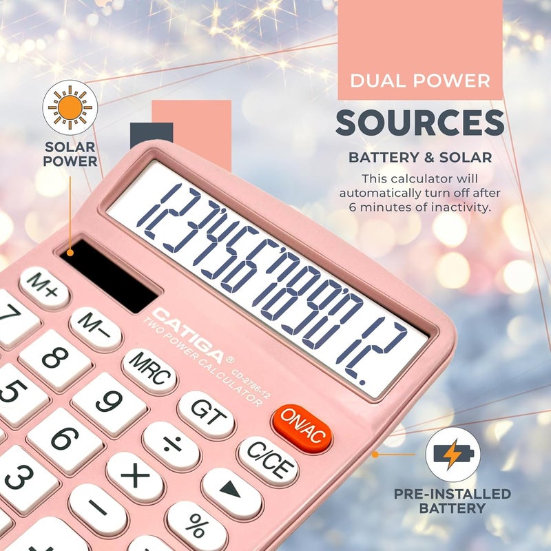 CATIGA Desktop Calculator (2 Pack) 12 Digit with Large LCD Display and Sensitive Button, Solar and Battery Dual Power, Standard Function for Office, Home, School, CD-2786 (Light Blue/Light Pink) - Image 4