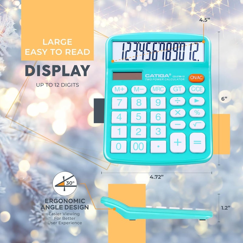 CATIGA Desktop Calculator (2 Pack) 12 Digit with Large LCD Display and Sensitive Button, Solar and Battery Dual Power, Standard Function for Office, Home, School, CD-2786 (Light Blue/Light Pink) - Image 3