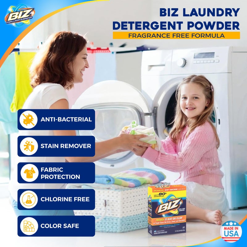 Biz Laundry Detergent Powder, Stain and Odor Eliminator for Tough Stains Like Grass Sweat and Chocolate, Powder Laundry Detergent with 4 Stain Fighters, Color Safe, Unscented, 2 Pack, 75 Oz Total - Image 2