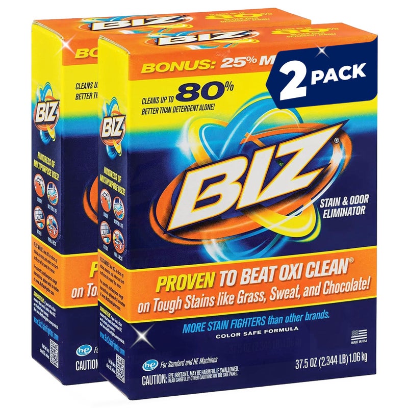 Biz Laundry Detergent Powder, Stain and Odor Eliminator for Tough Stains Like Grass Sweat and Chocolate, Powder Laundry Detergent with 4 Stain Fighters, Color Safe, Unscented, 2 Pack, 75 Oz Total - Image 1