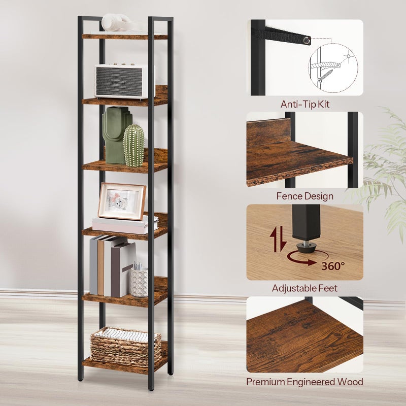 MAHANCRIS Bookshelf, 6-Tier Bookcase, Standing Book Shelf for Small Space, Storage Shelf Organizer, for Living Room, Bedroom, Study, Balcony, Rustic Brown and Black BKHR6601 - Image 3