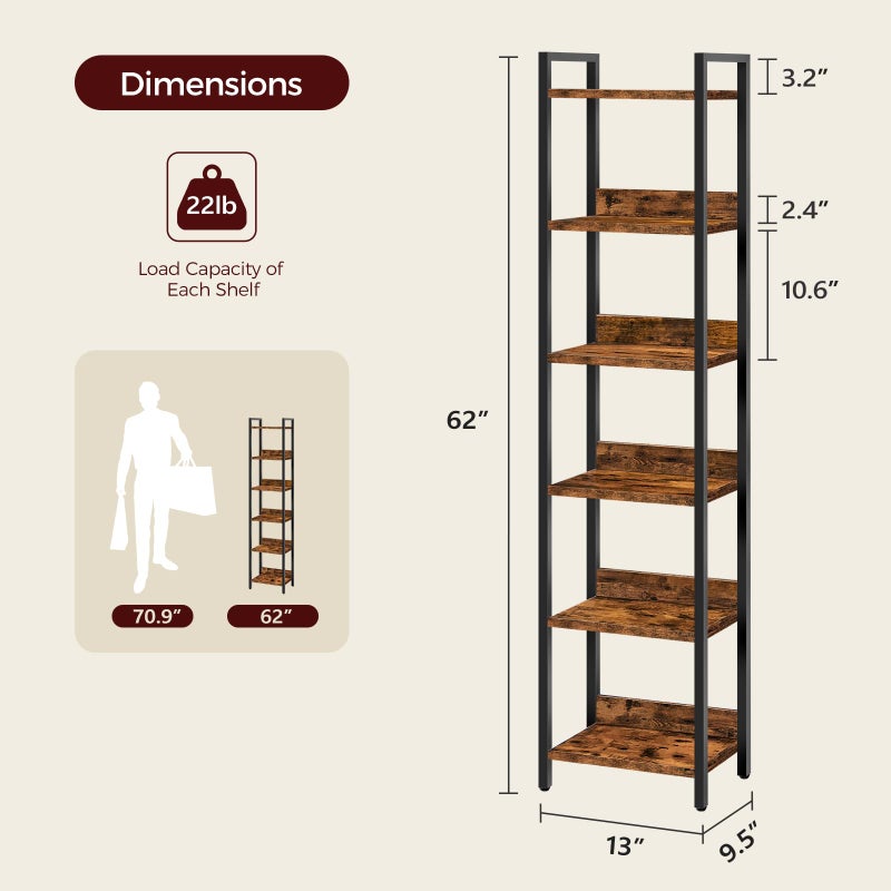 MAHANCRIS Bookshelf, 6-Tier Bookcase, Standing Book Shelf for Small Space, Storage Shelf Organizer, for Living Room, Bedroom, Study, Balcony, Rustic Brown and Black BKHR6601 - Image 2