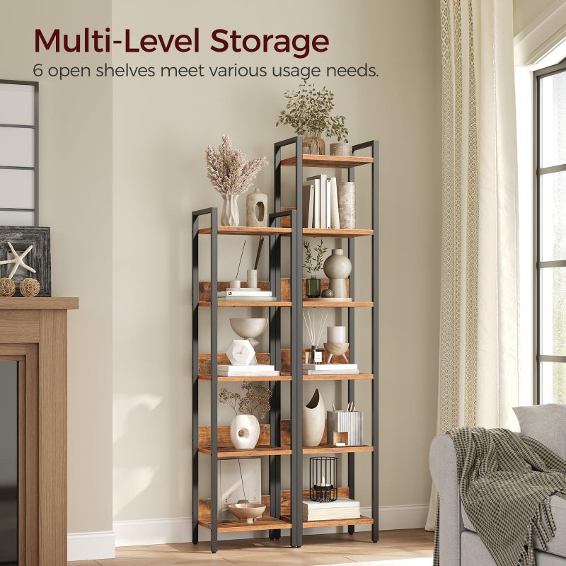 MAHANCRIS Bookshelf, 6-Tier Bookcase, Standing Book Shelf for Small Space, Storage Shelf Organizer, for Living Room, Bedroom, Study, Balcony, Rustic Brown and Black BKHR6601 - Image 1