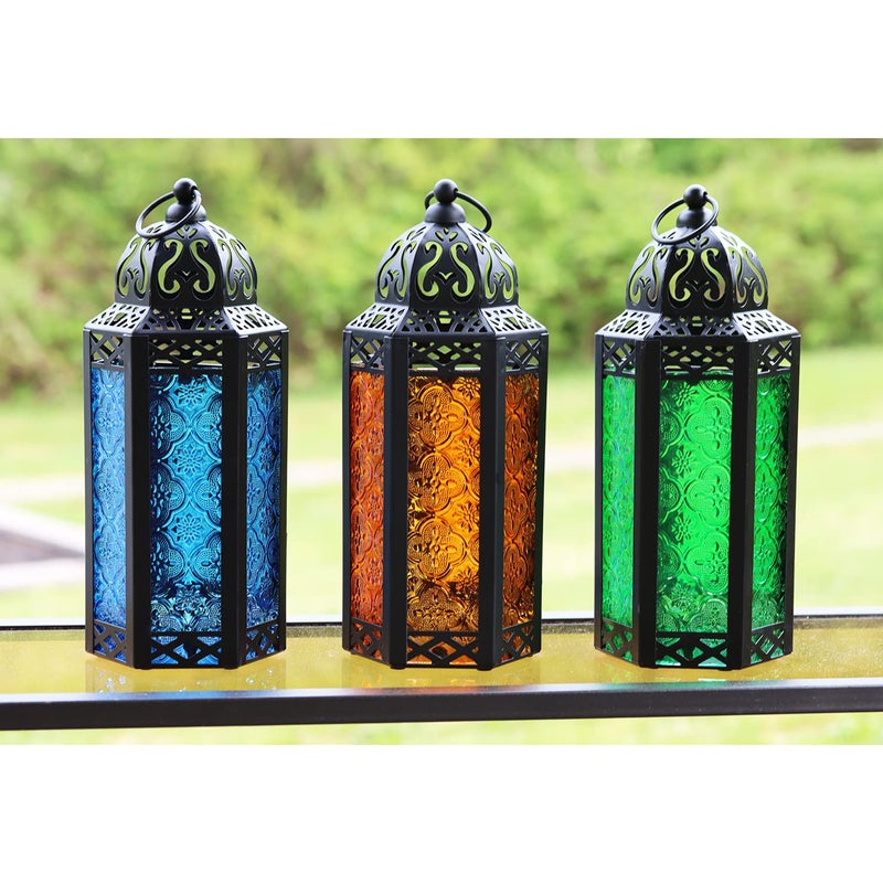 VELA LANTERNS Moroccan Lamp Lantern Decorative Candle Holder for Indoor Outdoor Home Decor Patio Weddings Ramadan Decorations BlueAmberGreen Medium Set of 3