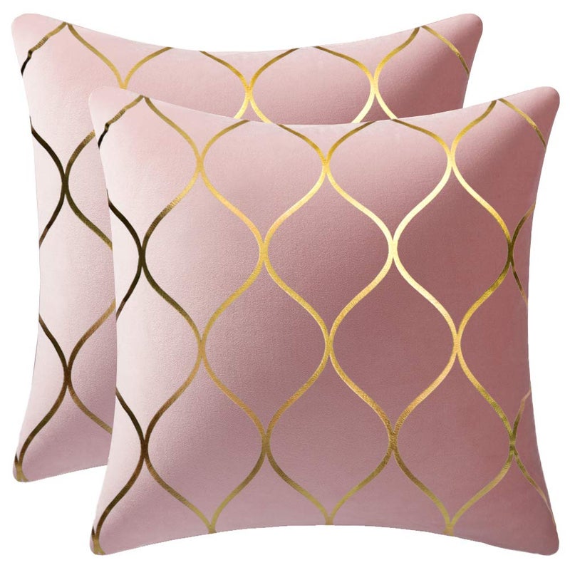 DEZENE Gold Velvet Throw Pillow Covers 2 Pack 16x16 Inch Square Decorative Pillow Cases for Bedroom Sofa Couch Living Room Pink