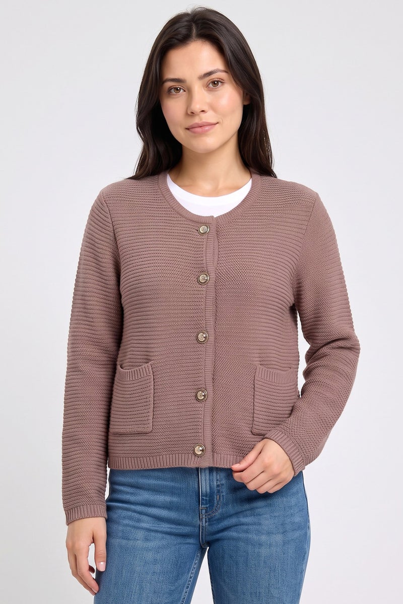 Walter Baker Women Round Neck Knitted Cardigan, Mauve - Image 1