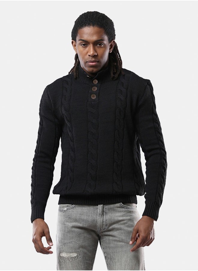RAVIN - Buttoned Neck Black Pullover with Ribbed Hem - Image 1