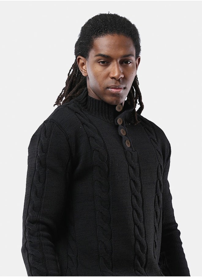 RAVIN - Buttoned Neck Black Pullover with Ribbed Hem - Image 1