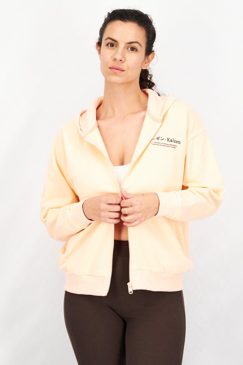 Ocean Pacific Women Hooded Neck Graphic Full Zip Sweatshirt, Tropical Peach - Image 1