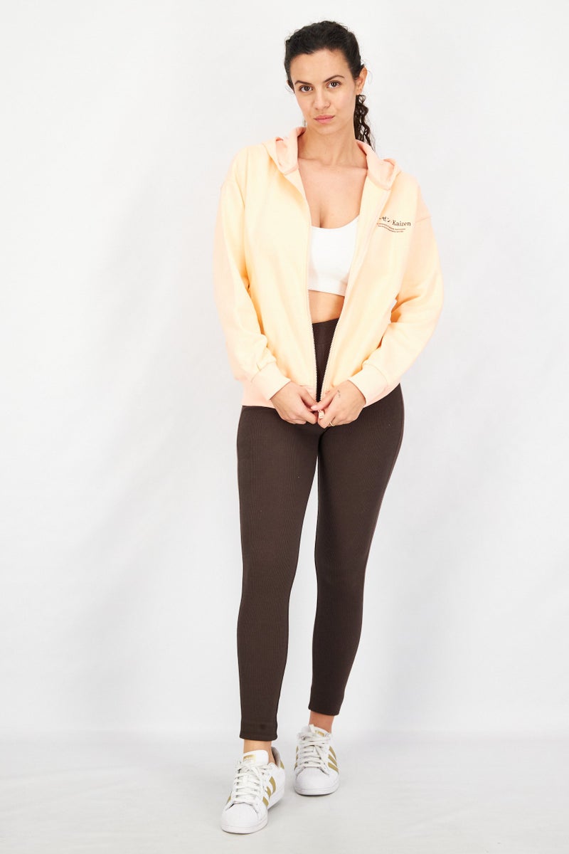 Ocean Pacific Women Hooded Neck Graphic Full Zip Sweatshirt, Tropical Peach - Image 3