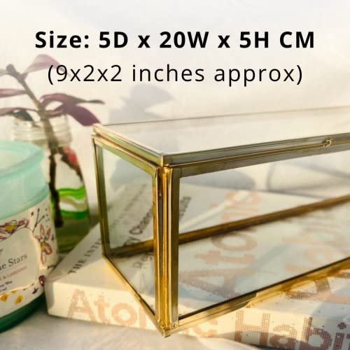 ARTINCO Art India Collections Glass Jewelry Box Invitation Box in Shiny Gold, Clear Glass Scroll Colour - Brass (size - 9x2x2 inches) (Handmade & Brass and Mirror Material) - Image 3