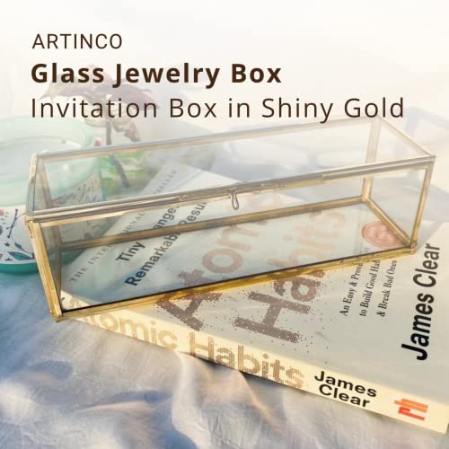 ARTINCO Art India Collections Glass Jewelry Box Invitation Box in Shiny Gold, Clear Glass Scroll Colour - Brass (size - 9x2x2 inches) (Handmade & Brass and Mirror Material) - Image 5