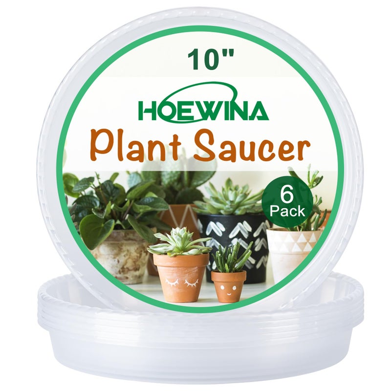 Hoewina Plant Saucer Tray - 6 Pack 10 Inch Plastic Plant Trays for Pots with Plant Tray Design - Clear Plant Saucers for Outdoors and Indoors Use - Plant Pot Saucers for Potted Plants - Plant Drip Trays - Image 1
