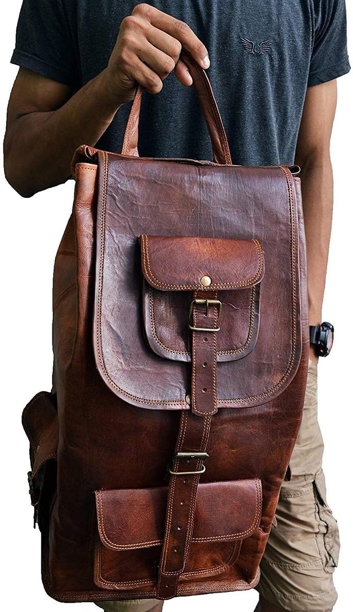 Jaald 21" Brown Leather Laptop Backpack Vintage Rucksack Travel Mochila Knapsack - Image 5