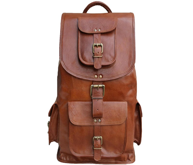 Jaald 21" Brown Leather Laptop Backpack Vintage Rucksack Travel Mochila Knapsack - Image 1