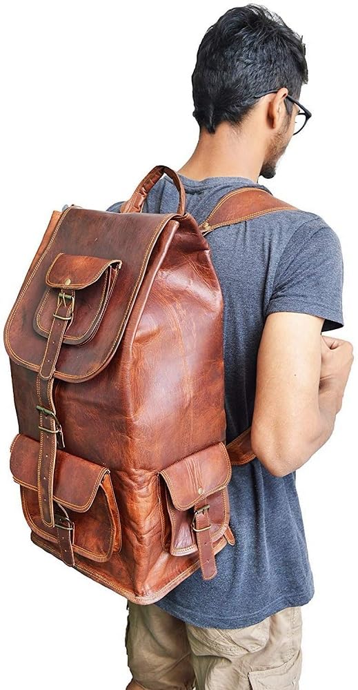 Jaald 21" Brown Leather Laptop Backpack Vintage Rucksack Travel Mochila Knapsack - Image 3