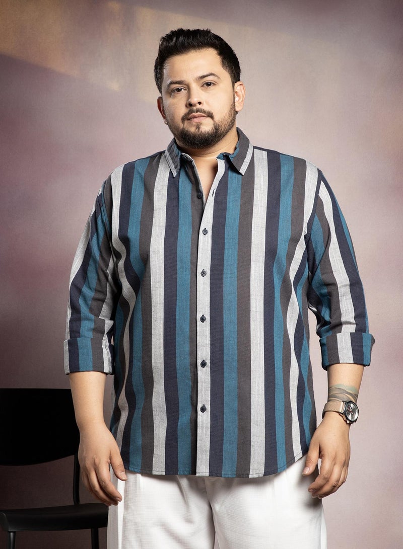 Instafab Plus Men's Navy Blue & Ash Grey Block-Striped Shirt For Casual Wear | Spread Collar | Long Cuffed Sleeves | Button Closure | Plus Size Shirt Crafted With Comfort Fit For Everyday Wear - Image 1