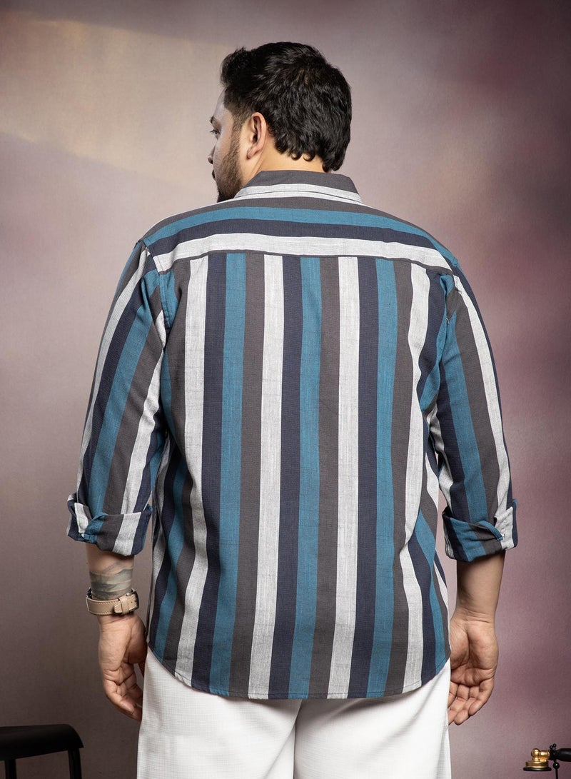 Instafab Plus Men's Navy Blue & Ash Grey Block-Striped Shirt For Casual Wear | Spread Collar | Long Cuffed Sleeves | Button Closure | Plus Size Shirt Crafted With Comfort Fit For Everyday Wear - Image 5