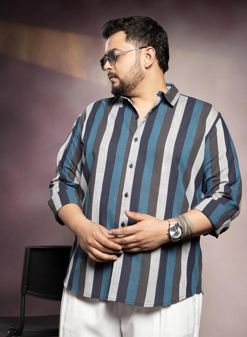 Instafab Plus Men's Navy Blue & Ash Grey Block-Striped Shirt For Casual Wear | Spread Collar | Long Cuffed Sleeves | Button Closure | Plus Size Shirt Crafted With Comfort Fit For Everyday Wear - Image 2