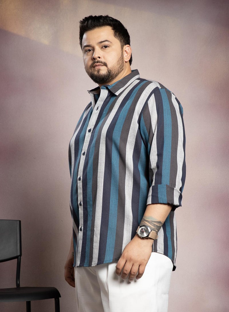 Instafab Plus Men's Navy Blue & Ash Grey Block-Striped Shirt For Casual Wear | Spread Collar | Long Cuffed Sleeves | Button Closure | Plus Size Shirt Crafted With Comfort Fit For Everyday Wear - Image 3