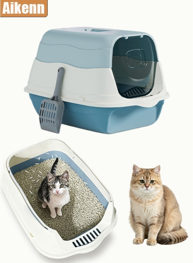 Enclosed Cat Litter Box, High-Quality PP Material, Anti-Splash with Sand Leak Pedal, Detachable & Easy to Clean, Spacious for 7.5kg Cats (50x34x33cm), Includes Shovel, Odor-Reducing, Indoor Use Blue - Image 1