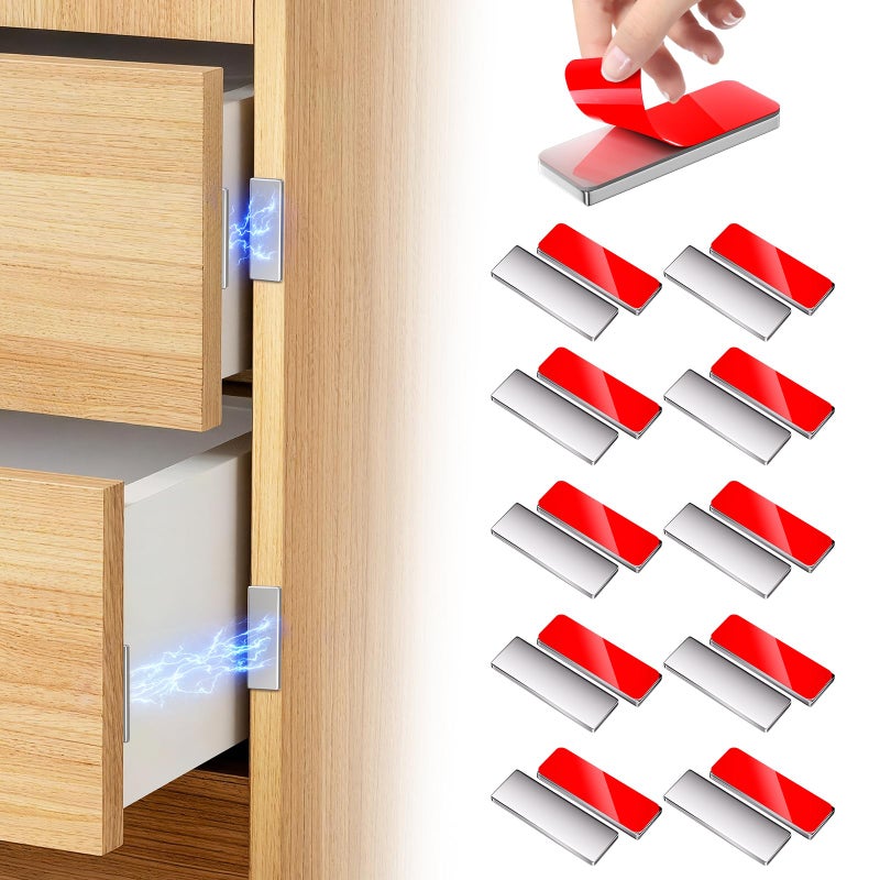 PHIXBEAR Magnetic Door Catch, 10 Pack No Drilling Ultra Thin Cabinet Door Magnets for Closure, Strong Adhesive Drawer Magnet to Stay Closed, Stainless Steel Cabinet Latch - Image 1