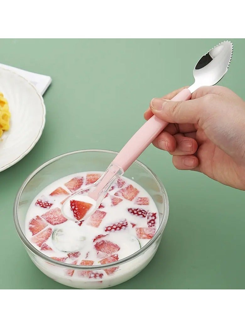 أطفال صغيرة ملعقة طعام سيليكون مزدوجة الرأس للمطاعم، ملعقة طعام ناعمة من السيليكون، مكشطة فواكه من الفولاذ المقاوم للصدأ، عصير، زبادي، معكرونة، دقيق الشوفان باللون الوردي - Image 2