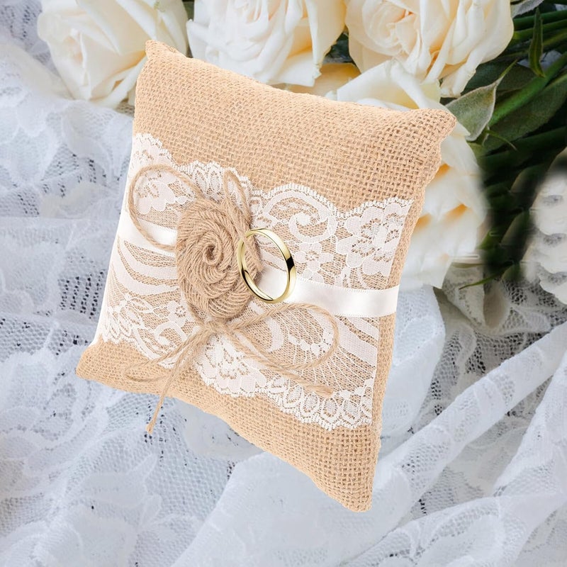 Rustic Wedding Ring Pillow Burlap Jute Bridal Ring Cushion with Linen Flower Accent for Ceremony and Engagement Events Random Style - Image 5