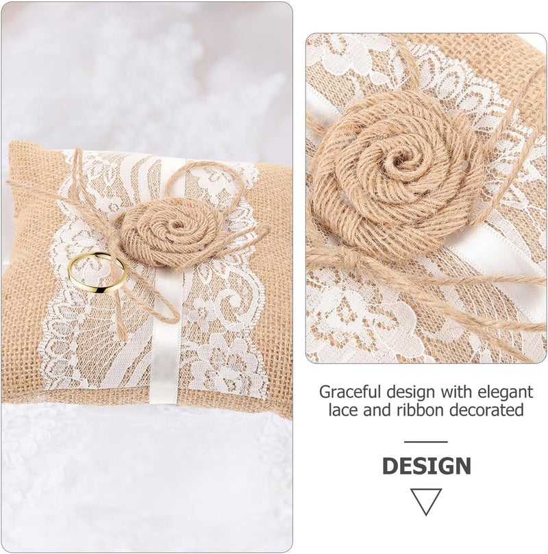 Rustic Wedding Ring Pillow Burlap Jute Bridal Ring Cushion with Linen Flower Accent for Ceremony and Engagement Events Random Style - Image 3