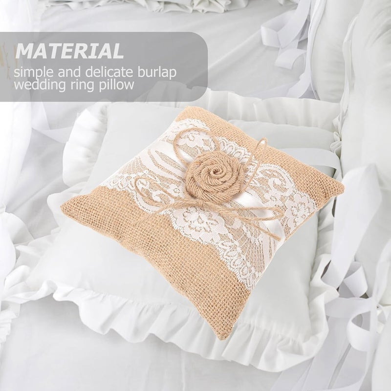 Rustic Wedding Ring Pillow Burlap Jute Bridal Ring Cushion with Linen Flower Accent for Ceremony and Engagement Events Random Style - Image 4