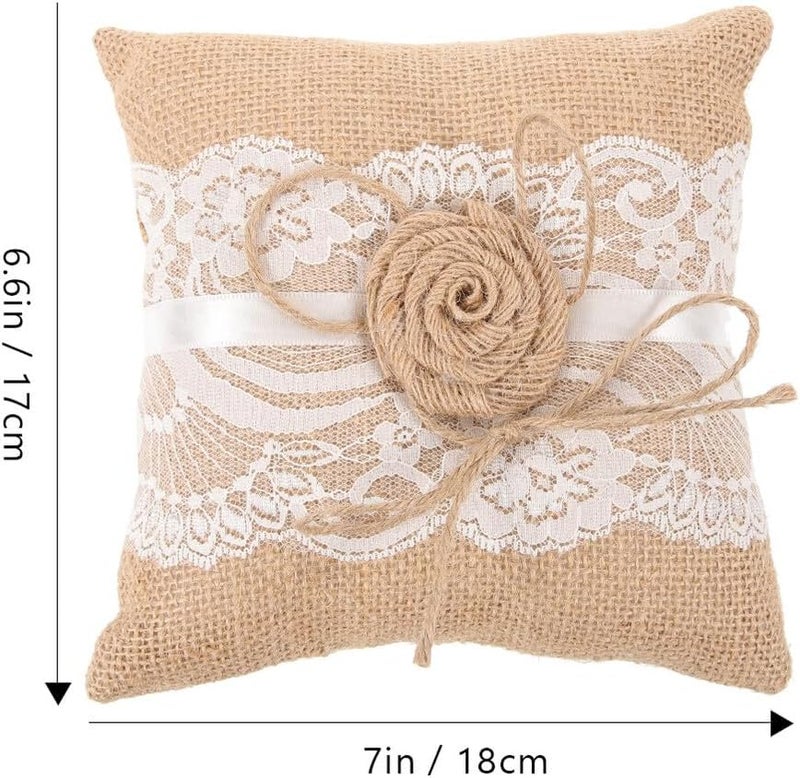 Rustic Wedding Ring Pillow Burlap Jute Bridal Ring Cushion with Linen Flower Accent for Ceremony and Engagement Events Random Style - Image 2
