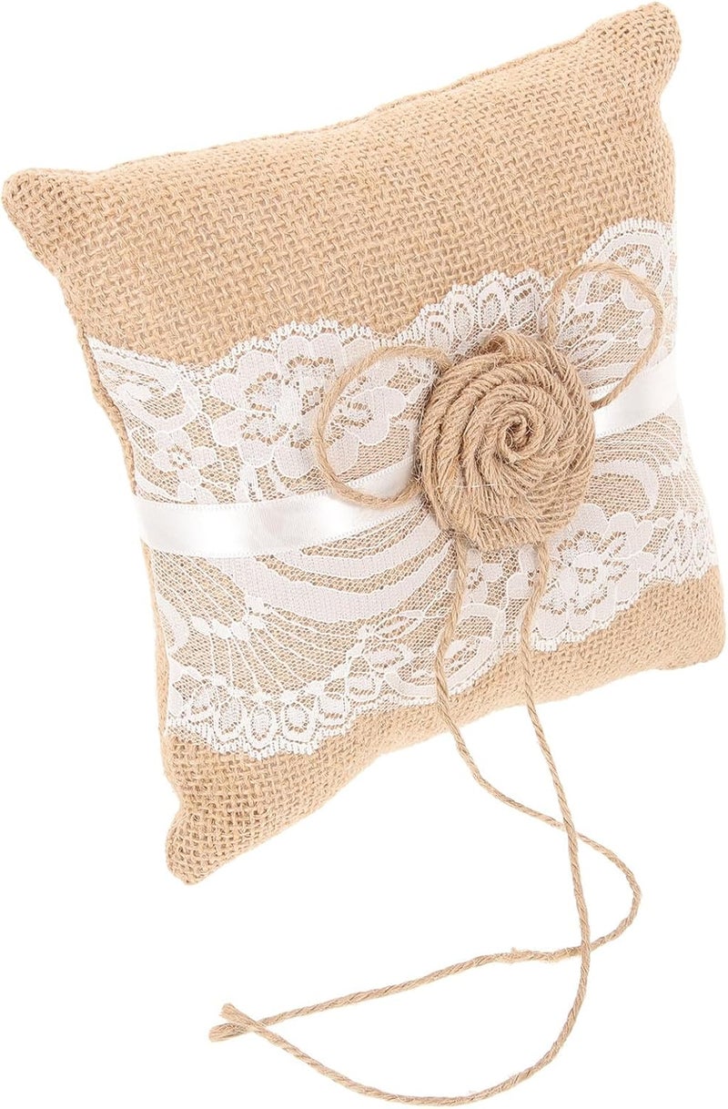 Rustic Wedding Ring Pillow Burlap Jute Bridal Ring Cushion with Linen Flower Accent for Ceremony and Engagement Events Random Style - Image 1