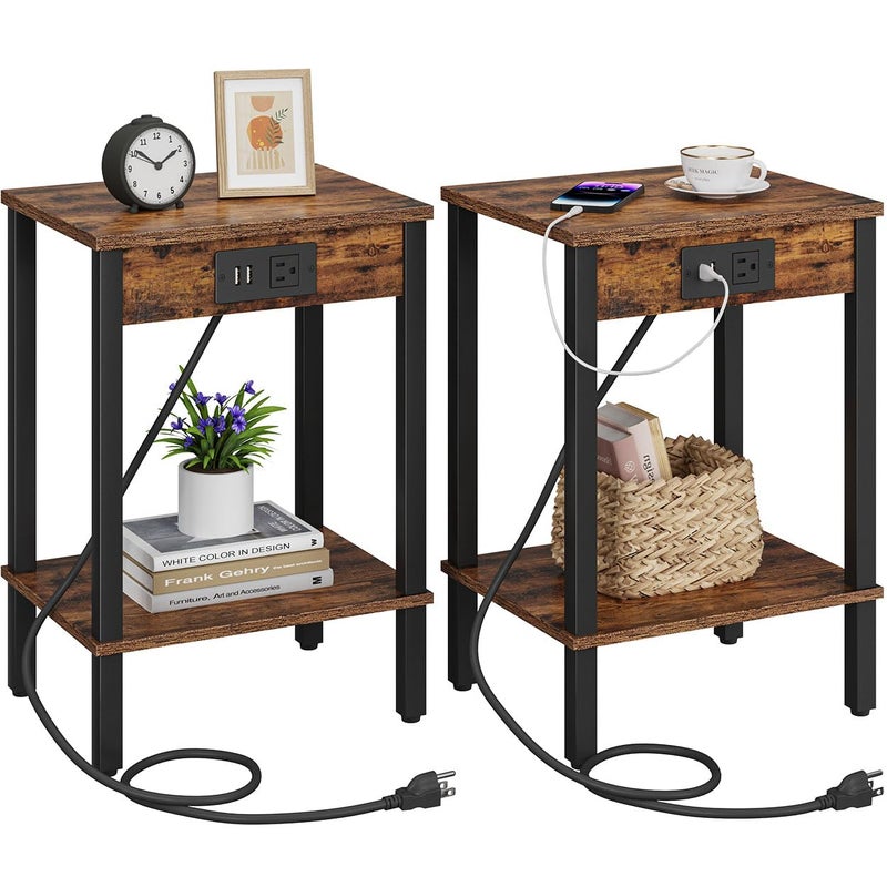 VIMBER Side Table with Charging Station, Set of 2 End Tables with USB Port and Outlets, Nightstands with 2-Tier Storage Shelves, Sofa Table for Small Space, Living Room, Bedroom, Rustic Brown 102F2 - Image 1