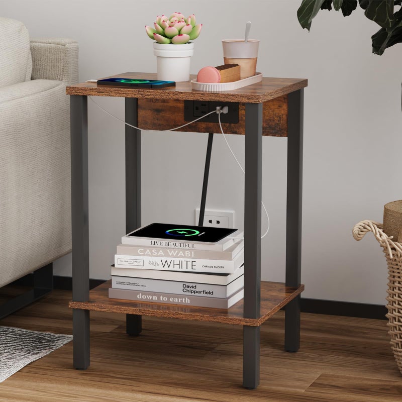 VIMBER Side Table with Charging Station, Set of 2 End Tables with USB Port and Outlets, Nightstands with 2-Tier Storage Shelves, Sofa Table for Small Space, Living Room, Bedroom, Rustic Brown 102F2 - Image 4