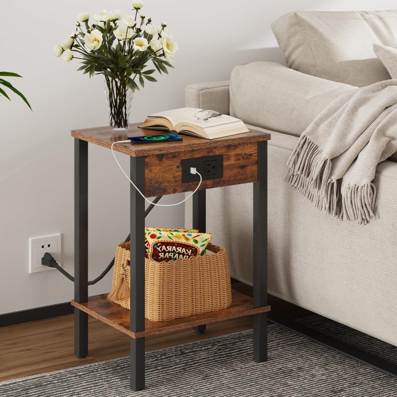 VIMBER Side Table with Charging Station, Set of 2 End Tables with USB Port and Outlets, Nightstands with 2-Tier Storage Shelves, Sofa Table for Small Space, Living Room, Bedroom, Rustic Brown 102F2 - Image 3