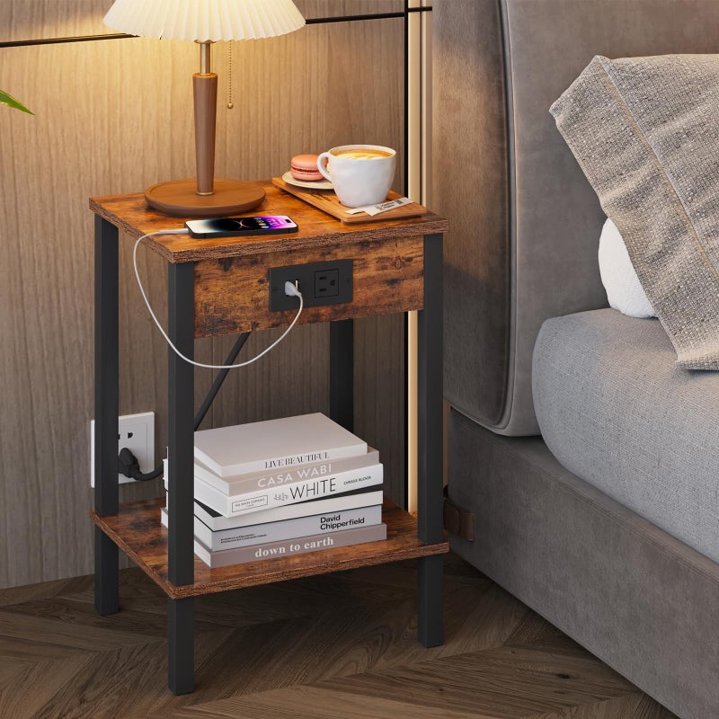 VIMBER Side Table with Charging Station, Set of 2 End Tables with USB Port and Outlets, Nightstands with 2-Tier Storage Shelves, Sofa Table for Small Space, Living Room, Bedroom, Rustic Brown 102F2 - Image 2