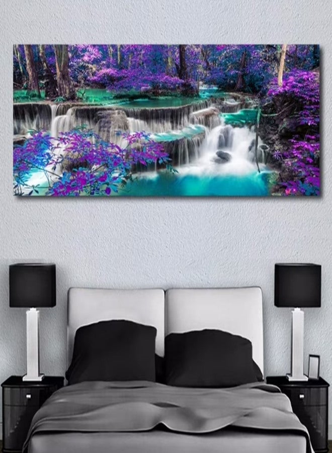Waterfall Canvas Wall Art Purple Trees Forest Landscape Painting Picture Prints Black and White Purple Bathroom Bedroom Decoration Unframed 15.7*47.2 Inch - Image 2