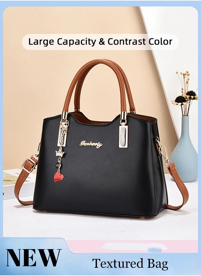 Generic Simple Contrast Color Handbag for Women PU Leather Large Capacity Multi-laminated Tote Bag Hardware Accessories Shoulder Crossbody Bag for Mother and Wife Ideal for Birthday Gifts or Ramadan  - Image 1