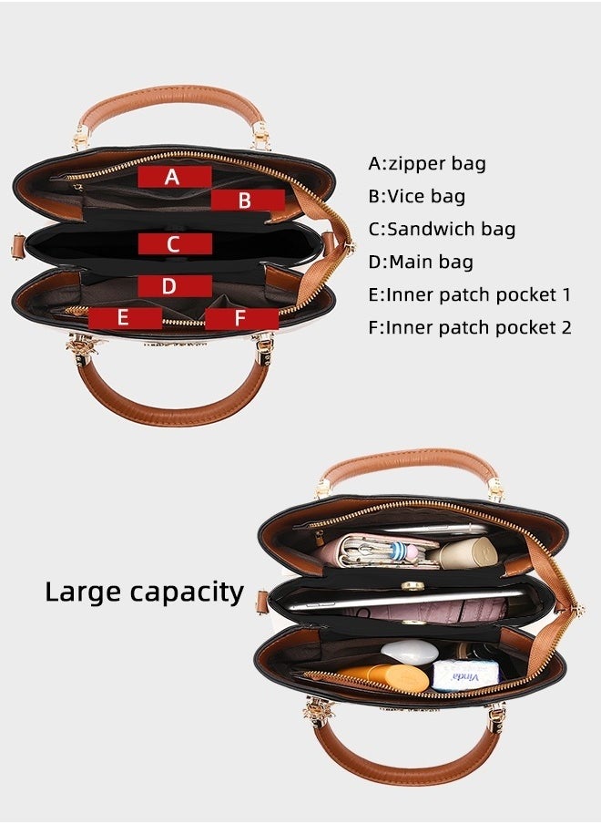 Generic Simple Contrast Color Handbag for Women PU Leather Large Capacity Multi-laminated Tote Bag Hardware Accessories Shoulder Crossbody Bag for Mother and Wife Ideal for Birthday Gifts or Ramadan  - Image 3